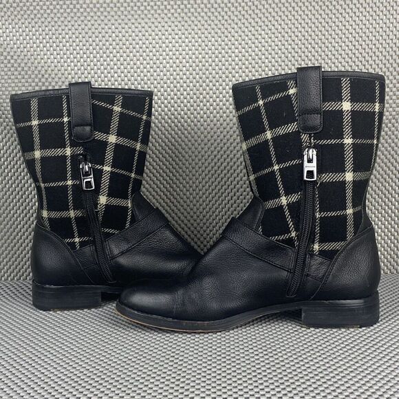 Coach Mackie Boots Womens 5 B Black Leather Wool Neoprene Plaid Mid Calf Casual - Picture 4 of 13